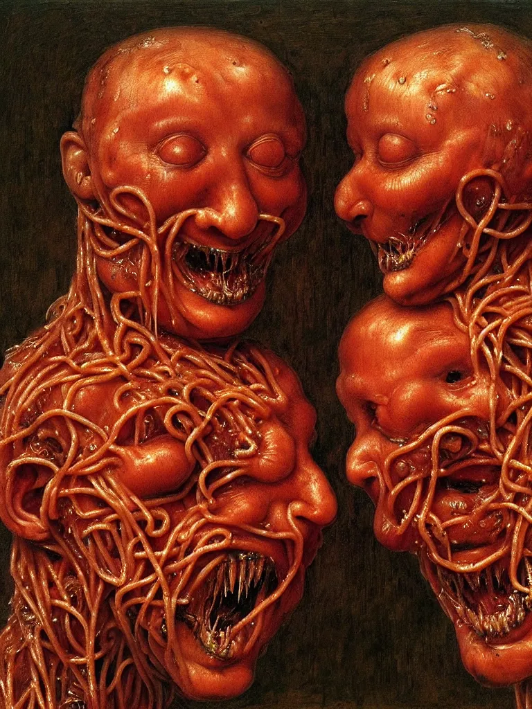 Prompt: siamese twins made of spaghetti and tomato sauce, looking straight into camera, screaming in agony, by giuseppe arcimboldo and ambrosius benson and beksinski, renaissance, intricate and intense oil paint, a touch of hr giger and edward munch, realistic