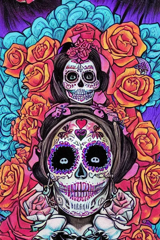 Prompt: Illustration of a sugar skull day of the dead girl, art by Kelly Freas