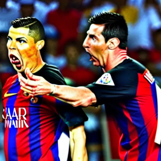 Image similar to Angry Ronaldo choking Messi