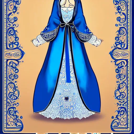 Prompt: a blonde woman wearing a blue veil and blue robes with ornate patterns, webcomic style | | very very manhwa!!!, fine - face, realistic shaded perfect face, fine details. manhwa. realistic shaded lighting poster