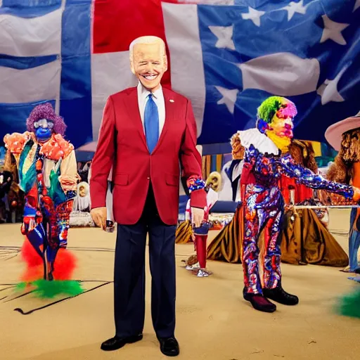 Prompt: A grand circus with Joe Biden in the middle wearing clown costume and colorful clown makeup