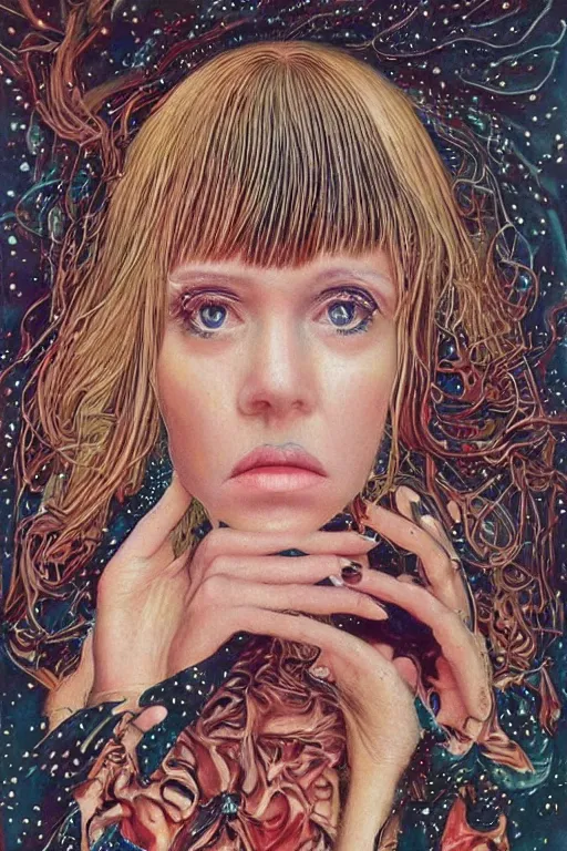 Image similar to Portrait of a woman with bangs in style of 80s surrealism art, hyper-detailed