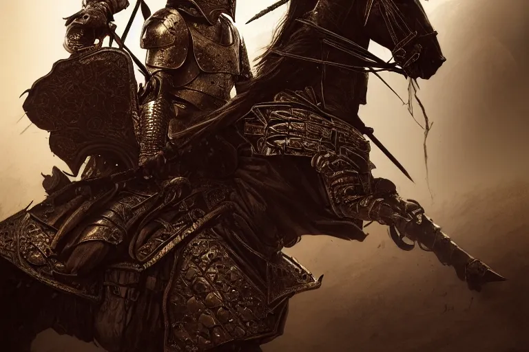 Image similar to Portrait of a king in the desert, Medieval Warrior fighting in a dark scene, detailed scene, Armour and Crown, highly detailed, blood and dust in the air, action scene, cinematic lighting, dramatic lighting, trending on artstation, elegant, intricate, character design, motion and action and tragedy, fantasy, D&D, highly detailed, digital painting, concept art