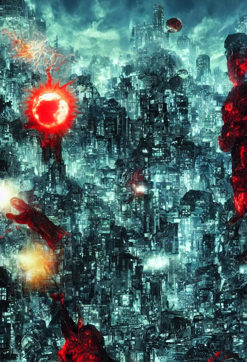 Prompt: a dystopian superhero comic book called modifikation, about bacterium algae that eats people and creates large red diodes all over their bodies hdr, designed by comicraft and yasushi nirasawa, a nuclear star explodes in the sky, hyperrealistic, 8 k, bokeh, prism, octane render