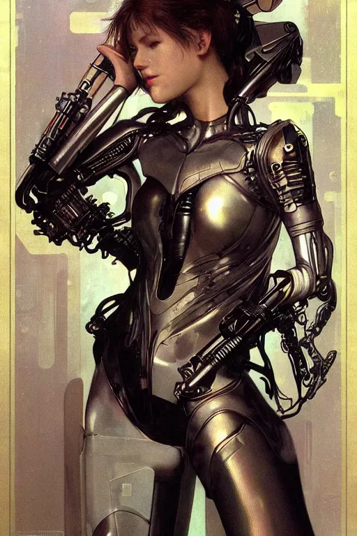 Prompt: realistic detailed portrait figure of one sublime beautiful fiction heroine with few parts of alien like cyberpunk armor, minimal sleek design armor style, by moebius, alphonse mucha, ayami kojima, amano, greg hildebrandt, and mark brooks, feminine, sexy, female, seductive, art nouveau, cyberpunk, neo - gothic, gothic, character concept design