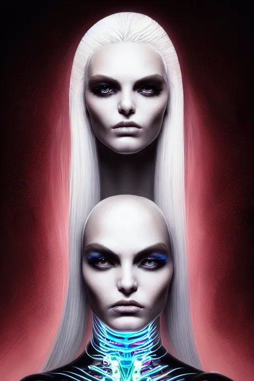 Image similar to Supermodel woman turning into an Android portrait, dark surrealism , scifi, intricate design, elegant, sharp black eyebrows, ornate long flowing platinum blonde hair and small black streaks, highly detailed cybernetic body, neon glowing eyes, digital painting, artstation, concept art, smooth, sharp focus, illustration, art by Artgerm and moebius and Peter Mohrbacher