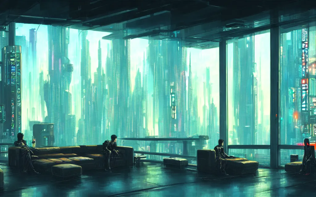 Image similar to cyberpunk loft lounge with tall windows, no people, city in background, drawn by feng zhu, sparse plants, dim painterly lighting volumetric aquatics, impasto