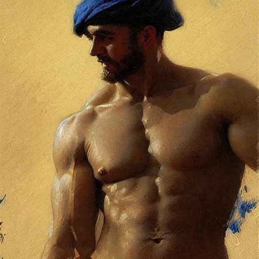 Prompt: Portrait of a greek soldier, muscular, thighs!!!!, painting by Gaston Bussiere, Craig Mullins