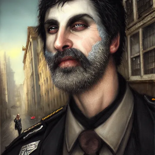 Image similar to portrait of a greying pale vampire police officer with short hair and a patchy beard, close up, grimy streets in the backdrop, highly detailed, sharp focus, art by tom bagshaw and manuel sanjulian