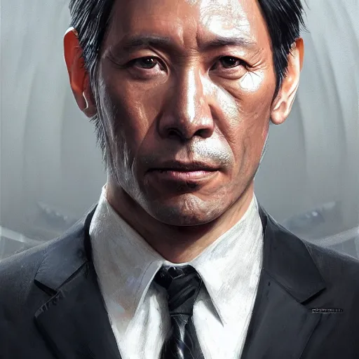 Image similar to portrait of a man by greg rutkowski, hiroyuki sanada as a ceo of weyland - yutani aliens franchise, he is about 5 0 years old, wearing futuristic office suit, highly detailed portrait, digital painting, artstation, concept art, smooth, sharp foccus ilustration, artstation hq