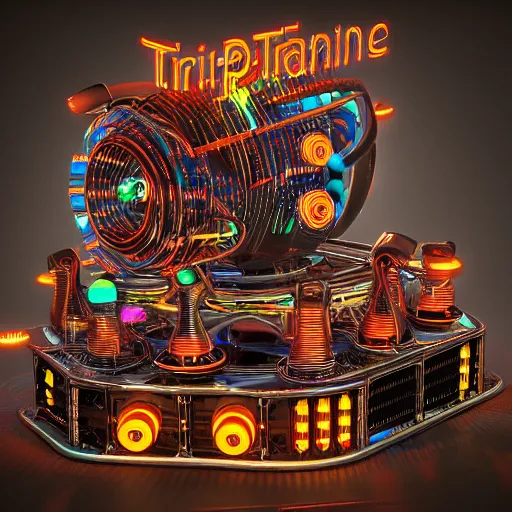 Image similar to album cover, album is called tripmachine,, a huge futuristic steampunk machine made of guitars and drums and pianos, connected with glowing tubes 8 k, fluorescent colors, halluzinogenic, multicolored, exaggerated detailed, front shot, 3 d render, octane