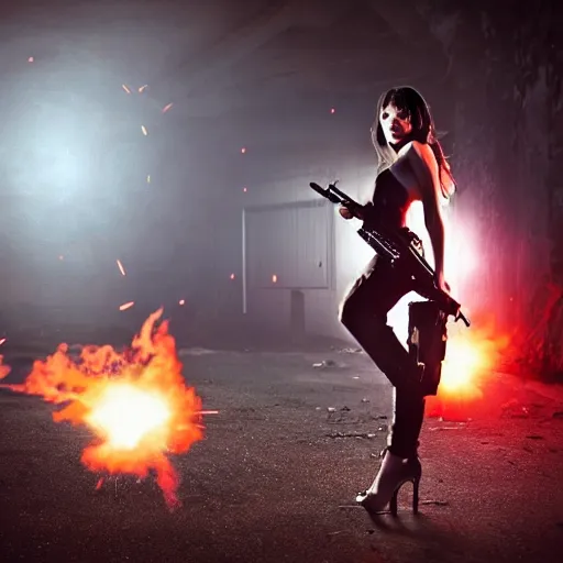 Prompt: horror action photography, perfect gorgeous beautiful young woman in a sexy dress and high heels firing a machine gun at rotting scary zombies, muzzle flash, intense lighting, intense shadows, diffusion mapping, 8 k