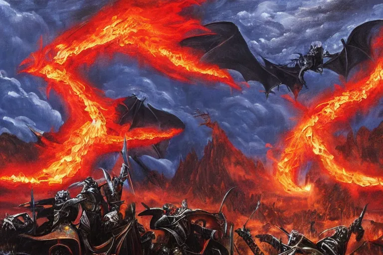 Prompt: oil painting mordor with dragons flying and knights fighting,