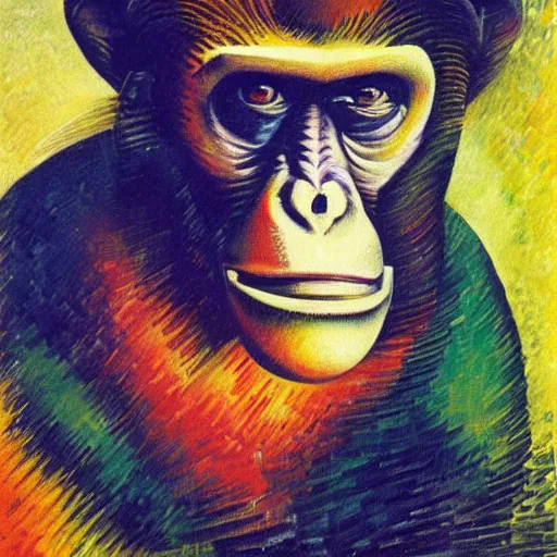 Prompt: cubo - futurism art portrait of an ape monkey by umberto boccioni, futuristic very abstract style, color painting