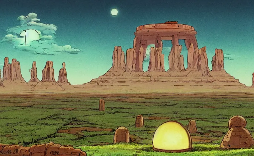 Image similar to a cell - shaded studio ghibli concept art from paprika ( 2 0 0 6 ) of a ufo with lights from close encounters of the third kind ( 1 9 7 7 ) sitting on top of a lush temple that looks like monument valley stonehenge jungle. a caravan is in the foreground. very dull colors, portal, hd, 4 k, hq