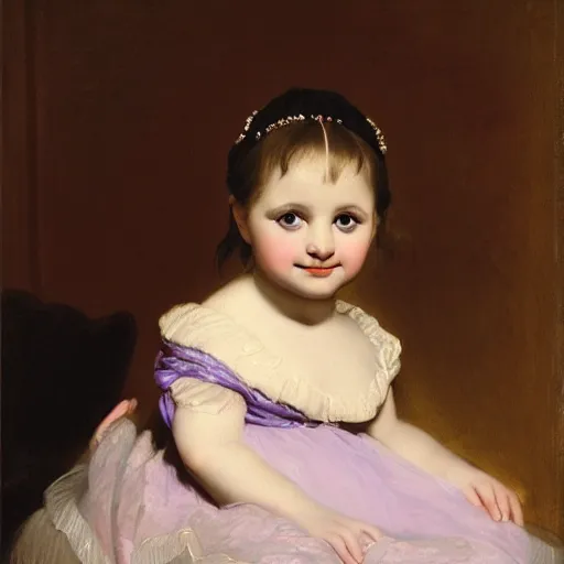 Image similar to portrait of a german toddler princess sitting down in a silk lavender gown, circa 1 8 3 7, by carl joseph begas, highly detailed, beautiful, oil on canvas, 1 8 3 0 s, romanticism