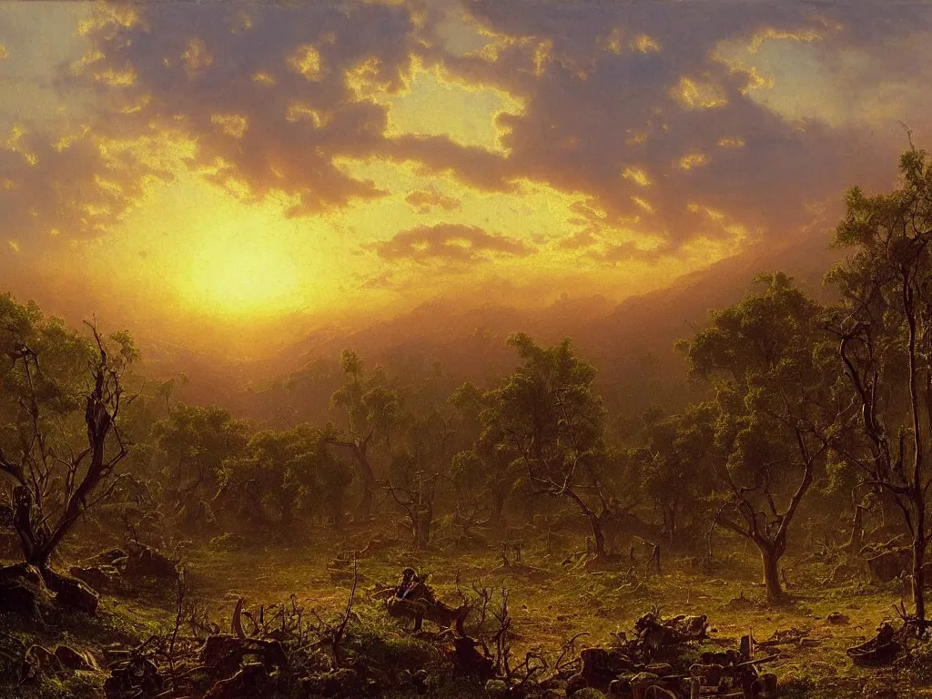 Image similar to a new dawn after a post apocalyptic california landscape after a nuclear war, foliage, plants, flowers, beautiful, sunrise lighting, beautiful painting, los angeles, painted by albert bierstadt