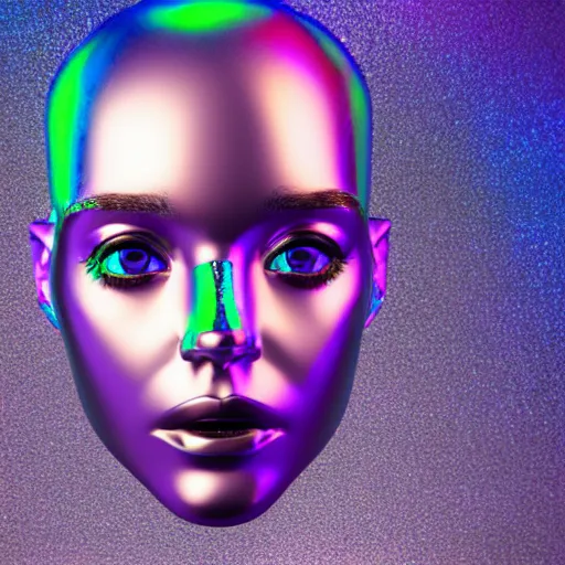 Image similar to 3d render of holographic human robotic head made of glossy iridescent, surrealistic 3d illustration of a human face non-binary, non binary model, 3d model human, cryengine, made of holographic texture, holographic material, holographic rainbow, concept of cyborg and artificial intelligence