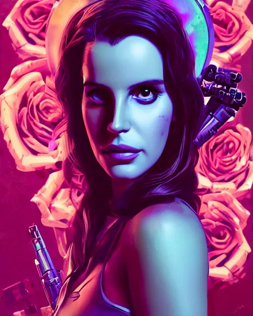 Image similar to portrait of lana del rey as a cyberpunk cyborg. sci - fi intricate abstract upper body intricate artwork, roses, rose petals by tooth wu, wlop, beeple, dan mumford. concept art, octane render, trending on artstation, greg rutkowski, asymmetrical, cinematic arthouse, key art, hyper realism, iridescent accents