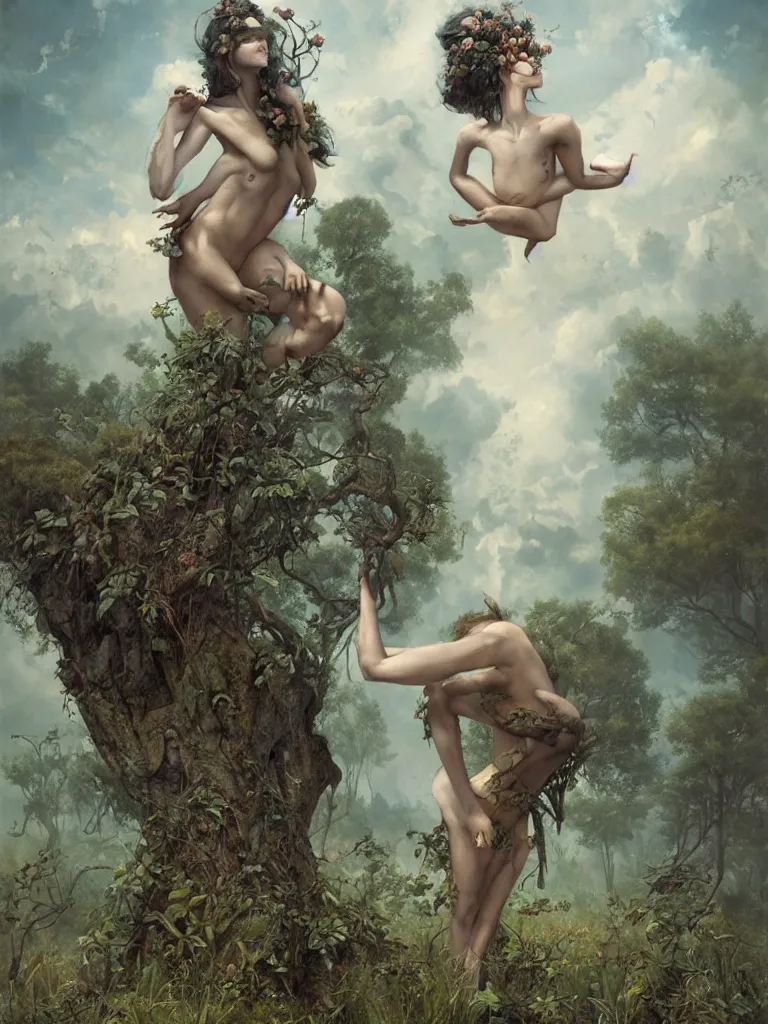 Prompt: a beautiful lush landscape of a the most beautiful satyr in a field are of broken stone words, hyperrealistic, award-winning, masterpiece, in the style of Tom Bagshaw, Cedric Peyravernay, Peter Mohrbacher