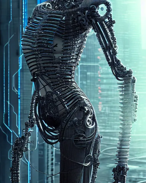 Image similar to portrait photo of a biomechanical torso of a cyborg plugged into a quantum computer with cables and wires and optic fibers. cyberpunk horror style. art by luis royo. highly detailed 8 k. intricate. nikon d 8 5 0 5 5 mm. award winning photography.