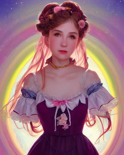 Image similar to portrait of magical lolita girl, dreamy and ethereal, expressive pose, big gold eyes, exciting expression, fantasy, intricate, elegant, many rainbow bubbles, rose tones, highly detailed, digital painting, artstation, concept art, cyberpunk wearing, smooth, sharp focus, illustration, art by artgerm and greg rutkowskiand alphonse mucha