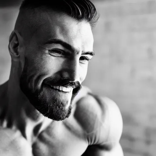 Prompt: black and white photography of a very muscular man smiling with a chiseled jawline and trimmed beard