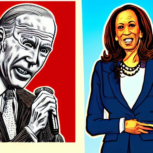 Image similar to The Artwork of R. Crumb and his Cheap Suit - Joe Biden and Kamala Harris, pencil and colored marker artwork, trailer-trash lifestyle