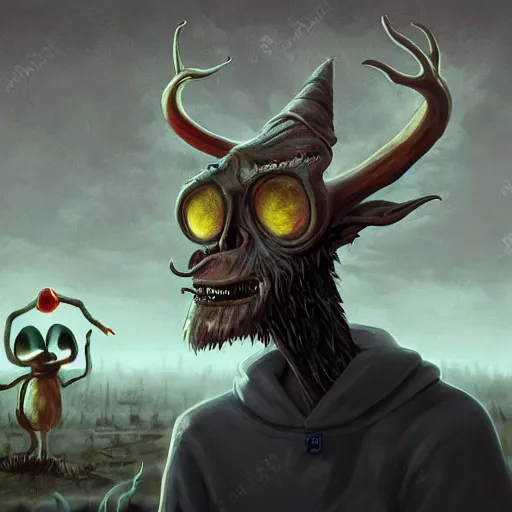 Image similar to 4 k headshot portrait of a psychedelic demonic anthropomorphic wendigo smoking a hand - rolled cigarette smoking heavily, magic mushroom village in background. award winning. superb resolution. in the art style of junji ito and greg rutkowski. detailed mushroom city in background. hyper realistic anime. perfect art. dalle 2