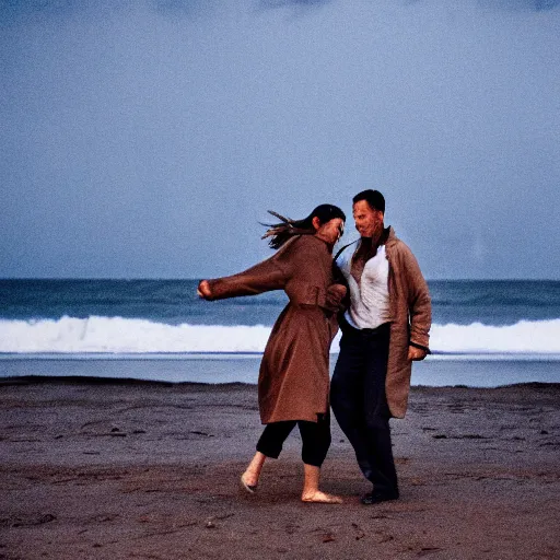 Image similar to weathered color photo of a man and woman both wearing trenchcoats, dancing together on a beach during cloudy weather at night, very dark