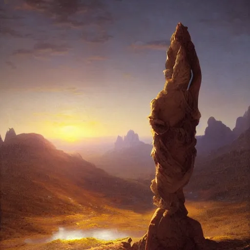 Image similar to an ultradetailed matte landscape painting of mountain sized sculpture of a beautiful and elegant woman, sunrise on the horizon in the background, stone hand raised up, 8 k, art by greg rutkowski and albert bierstadt