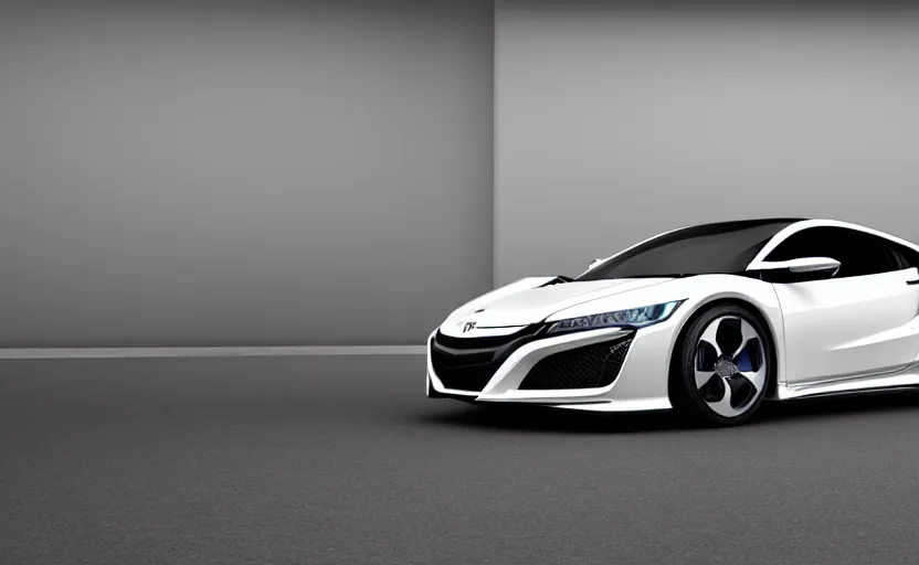 Image similar to honda nsx, prototype car, symmetrical wheel rims, vintage design, designed by polestar, cyberpunk, elegant, matte white paint, hard surfaces modelling, dramatic, ray tracing, realistic reflections, ultra realistic rendering, sharp focus