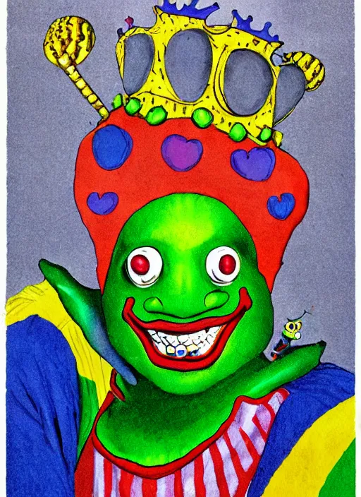 Image similar to Clown Frog King, clown world, clown makeup and rainbow wig, frog king is a clown, clown clown clown, portrait by Jean Giraud