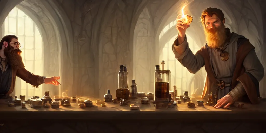 Image similar to a handsome bearded caucasian male sorcerer with brown hair, he is in a alchemist lab, casting a spell from a open book, beakers, potions, magic, neutral pose, digital art, concept art, epic composition, 4 k, super coherent, by dave melvin and greg rutkowski