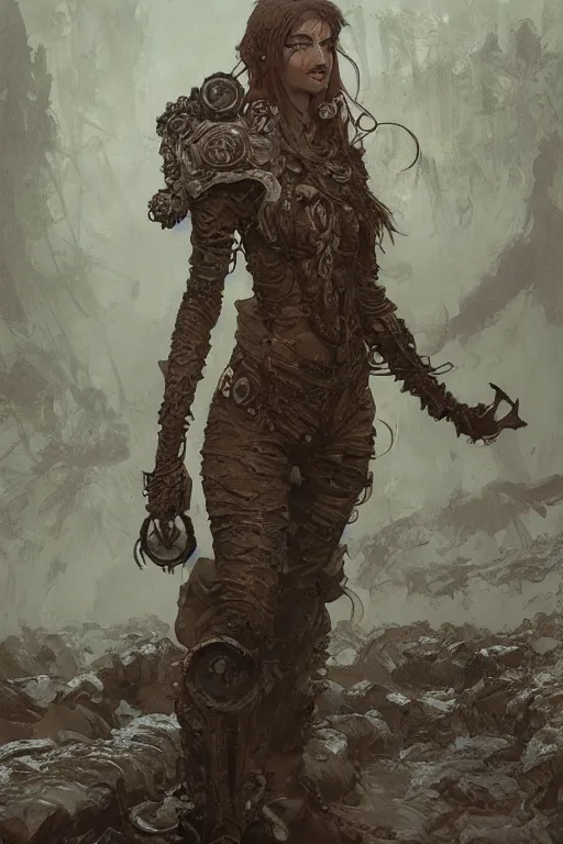 Prompt: a full body portrait of a beautiful post apocalyptic offworld nordic necromancer reposed by the bubbling mud pits, intricate, elegant, highly detailed, digital painting, artstation, concept art, smooth, sharp focus, illustration, art by krenz cushart and artem demura and alphonse mucha