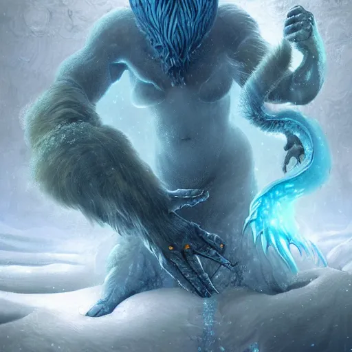 Image similar to a hyperrealistic illustration of a monster in the Arctic, snow on the monsters body, blue transparent ice with fractal sunlight, award-winning, masterpiece, in the style of Tom Bagshaw, Cedric Peyravernay, Peter Mohrbacher