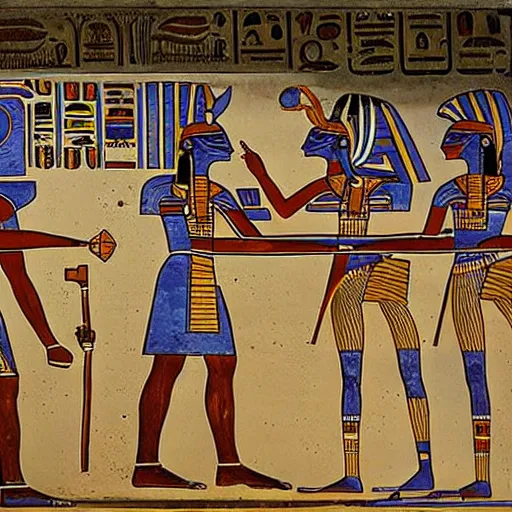 Image similar to ancient egyptian art featuring robots!