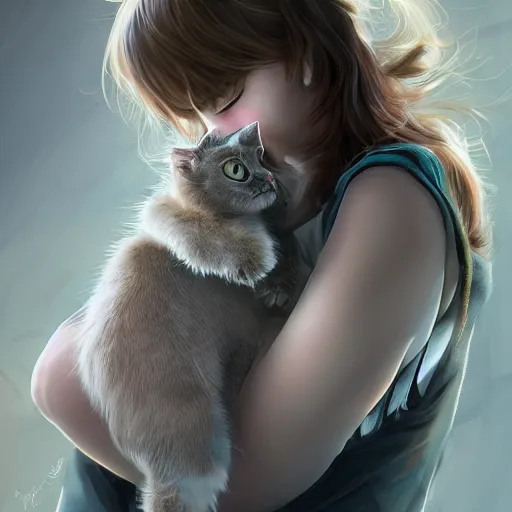 Prompt: girl holding a cat, digital art, by Yoshitaka Amano, trending on artstation, 4k, highly detailed