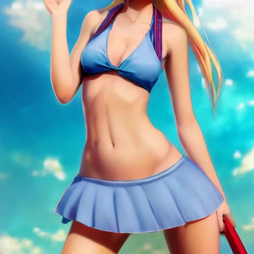 Prompt: full body shot : a very beautiful young blond tennis anime girl, most popular girl sky blue eyes,, bikini, miniskirt, highly detailed, cinematic wallpaper by stanley artgerm lau