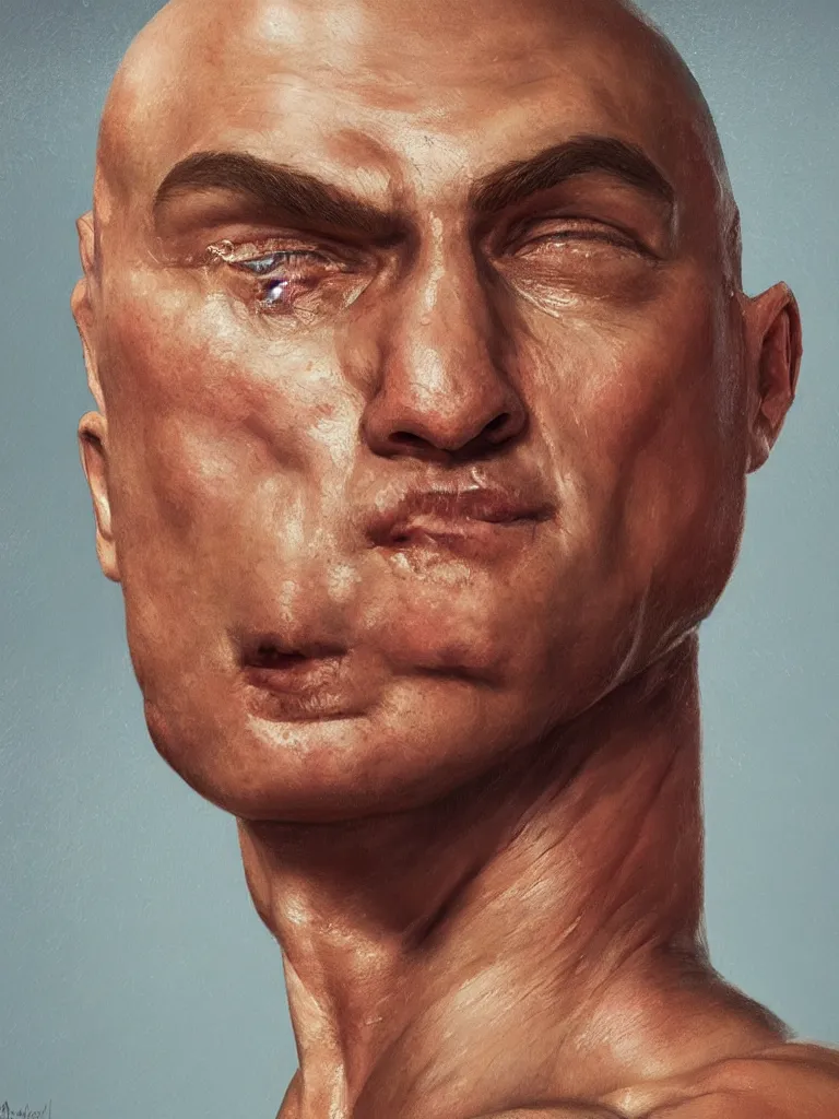 Prompt: close up portrait of a russian body builder, painted character portrait, highly detailed, digital painting, artstation, concept art, sharp focus, illustration, art by andrey remnev