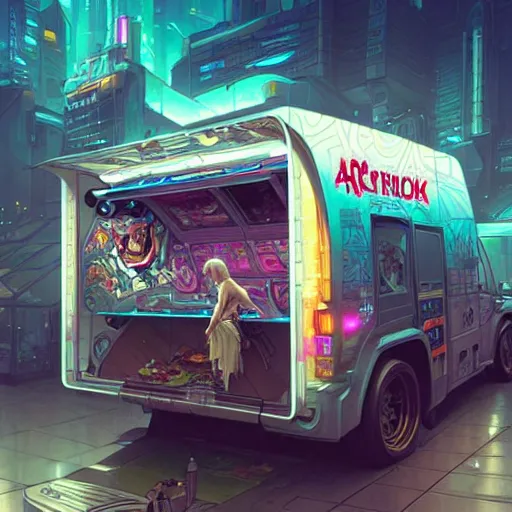 Image similar to a cyberpunk ice cream truck digital painting, intricate, elegant, highly detailed, artstation, concept art, matte, sharp focus, illustration, art by Artgerm and Greg Rutkowski and Alphonse Mucha