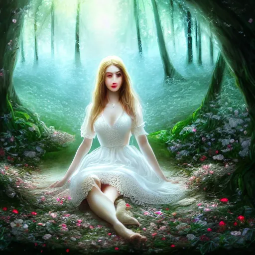 Prompt: a picture of a beautiful woman in a white lace dress and covered in flowers and leaves sitting overlooking an enchanted forest, high fantasy, elegant, epic, detailed, intricate, digital painting, concept art, realistic detailed face, smooth, focus, rim light and volumetric light through the trees,