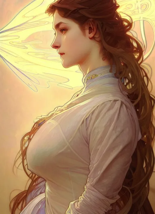 Image similar to a digital concept art by artgerm and greg rutkowski and alphonse mucha. clear portrait of a young wife blessed by god to uncontrollably become overwhelmingly perfect!! blonde, clothes, sit on heels!! light effect. hyper detailed, character concept, glowing lights!! intricate, elegant, digital painting, artstation, smooth, sharp focus