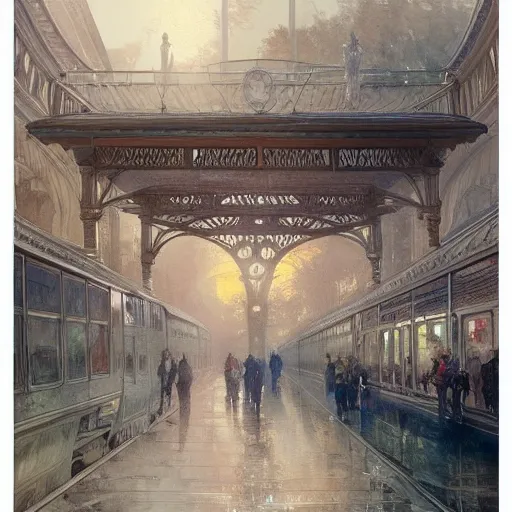 Prompt: a beautifull intricate watercolour painting of a train station, reflexions, verry high details by william turner art, greg rutkowski and alphonse mucha, trending on artstation, very very detailed, masterpiece, muted colors