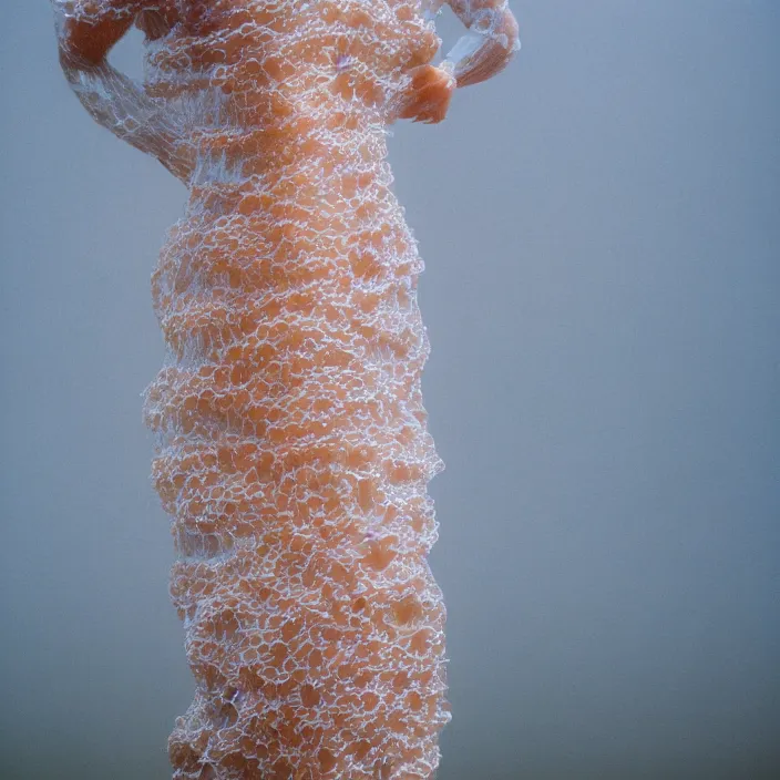 Prompt: a closeup portrait of a woman wearing a dress made of jelly fish and eels, standing in an empty park, color photograph, by vincent desiderio, canon eos c 3 0 0, ƒ 1. 8, 3 5 mm, 8 k, medium - format print