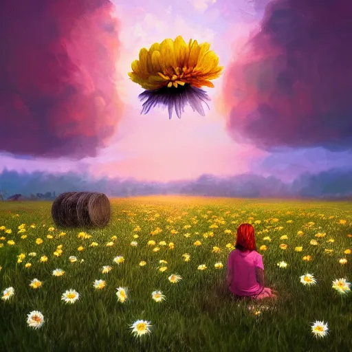 Image similar to giant daisy flower as head, girl sitting in a flower field, surreal photography, sunrise, dramatic light, impressionist painting, colorful clouds, digital painting, artstation, simon stalenhag