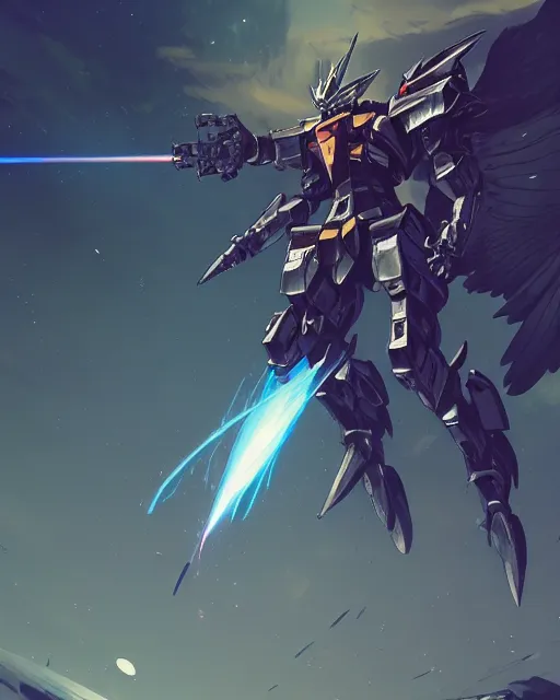 Image similar to highly detailed vfx portrait of an dark souls gundam with wings of feathers beam saber fighting in space with a beam gun, unreal engine, greg rutkowski, loish, rhads, beeple, makoto shinkai and lois van baarle, ilya kuvshinov, rossdraws, tom bagshaw, alphonse mucha, global illumination, detailed and intricate environment