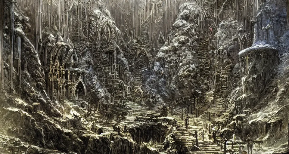 Prompt: Masterfully drawn mspaint art piece of middle-earth's 'Mines of Moria' by James Gurney. View from underground within ancient dwarven mining equipment and architecture. Amazing beautiful incredible wow awe-inspiring fantastic masterpiece gorgeous fascinating glorious great.