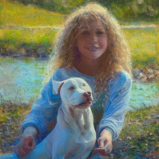 Image similar to girl with curly blonde hair sits next to her white pitbull, sitting on a riverbank watching the sunset, painting by marc fishman