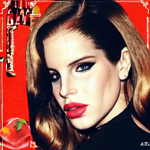 Prompt: Lana Del Rey on the cover of a bottle of hot sauce